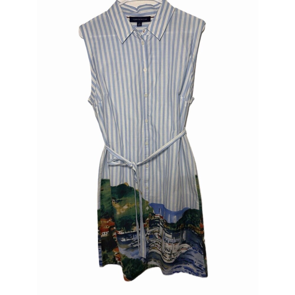 Tommy Hilfiger Striped Shirt Dress Blue White Sleeveless Belted Size 10 - Picture 1 of 6